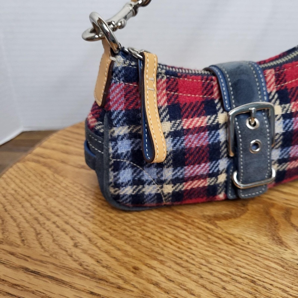 Coach Red and Navy Plaid Wool Satchel with Leather Trim - Picture 4 of 16